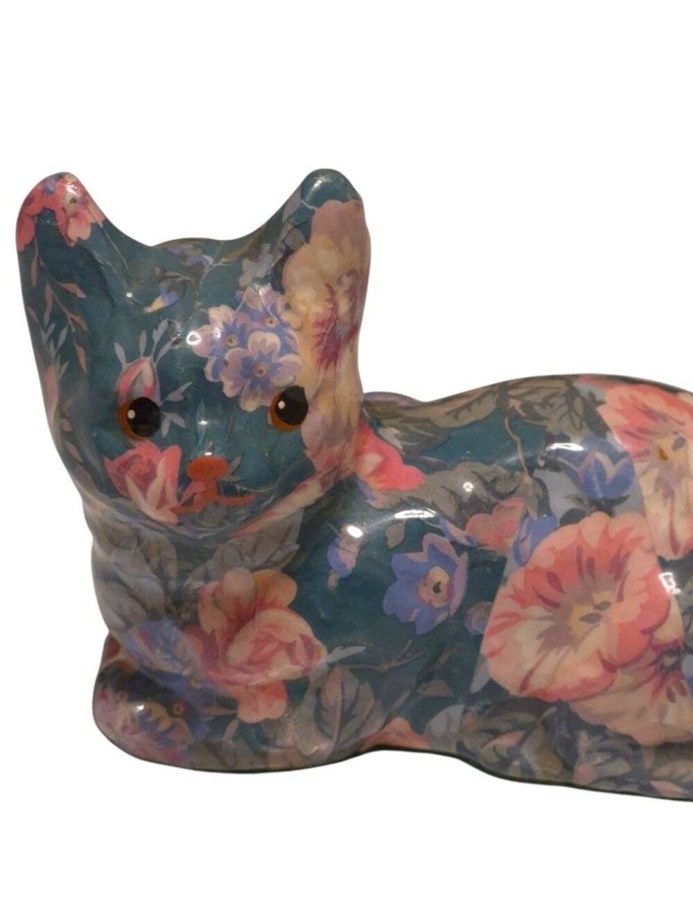 Vintage Floral Teal and Pink Decoupage Cat Figurine / Paperweight Cottagecore